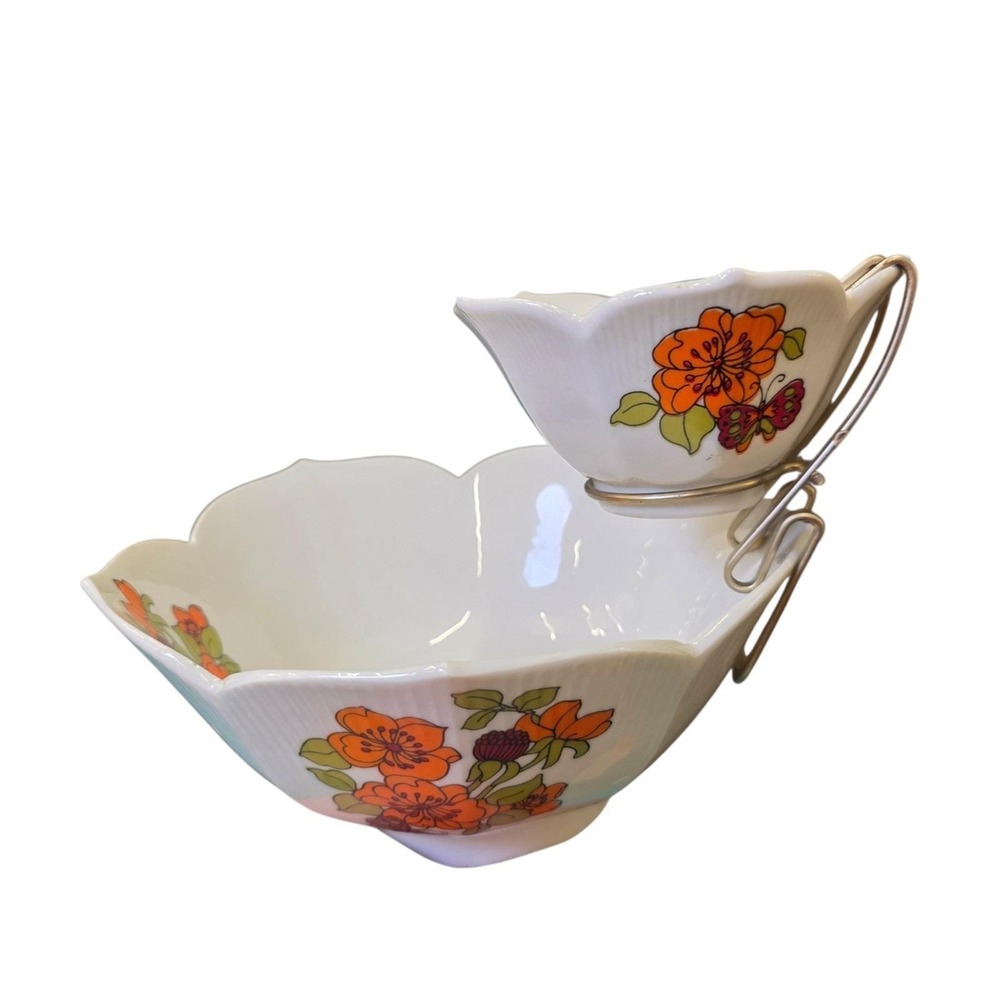 Vtg Lotus Chip and Dip Vintage Ceramic Set Floral 1970's Flowers Butterfly - Picture 3 of 12